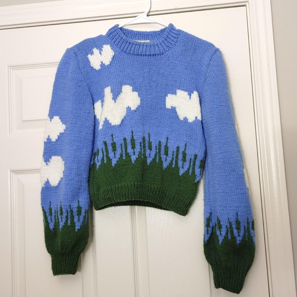 Lirika Matoshi Blue, White & Green Cloud and Grass Crewneck Sweater